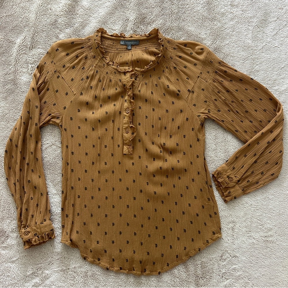 Wit and Wisdom Smocked Print Top, Caramel Latte Brown,‎ Size Small - Picture 3 of 9